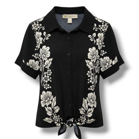 Rich & Famous Tops - Rich & Famous Black Floral Button-Front Tie Hem Top – Size Large
